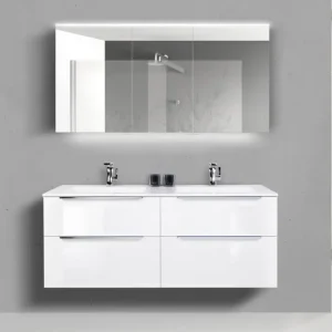 Doppelwaschtisch 140 cm Badmöbel Set SKY, mit Led Spiegelschrank, Weiß Hochglanz Lack Bestpreis