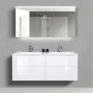 Highlight Doppelwaschtisch 140 cm Badmöbel SKY grifflos, Unterschrank mit LED Spiegelschrank