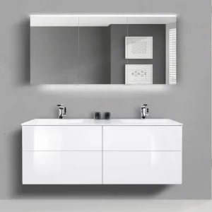 Begrenztes Angebot Badmöbel Set SKY grifflos 150 cm Doppelwaschtisch, mit Unterschrank und Spiegelschrank