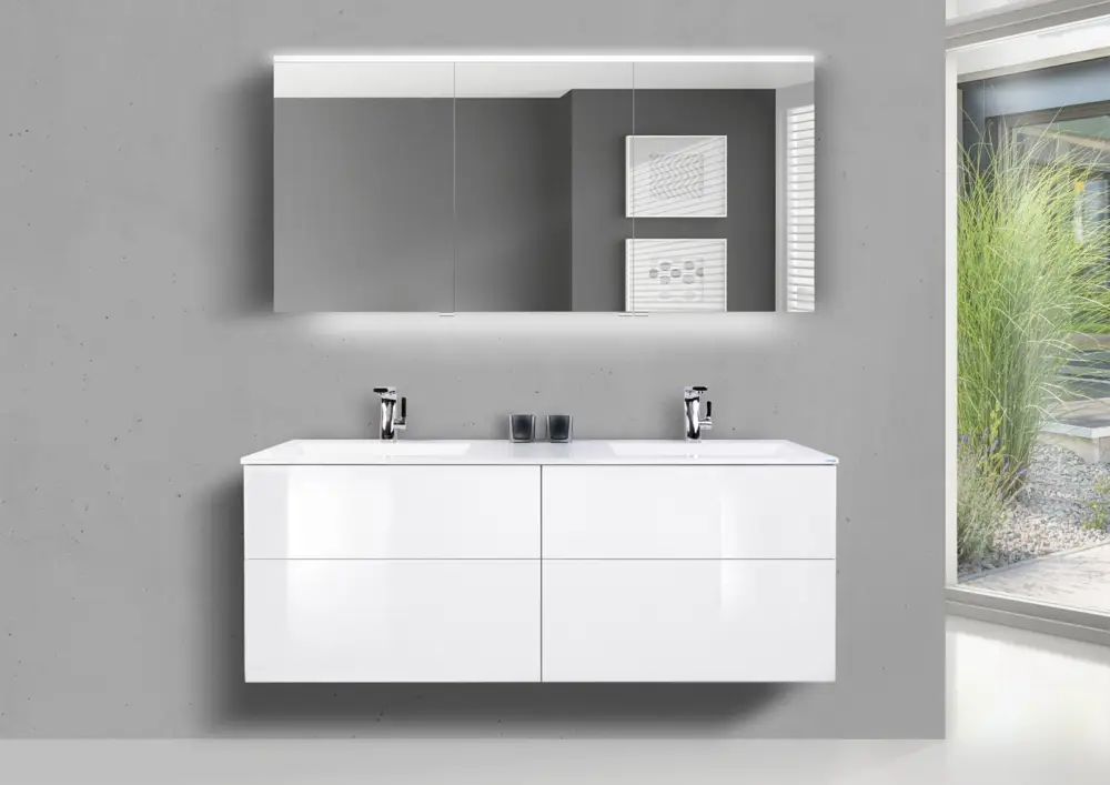Begrenztes Angebot Badmöbel Set SKY grifflos 150 cm Doppelwaschtisch, mit Unterschrank und Spiegelschrank