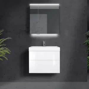 Badmöbel Set 70 cm grifflos, Waschtisch Evermite, Spiegelschrank Multi Led mit Doppelspiegeltüren Kostenloser Rückversand
