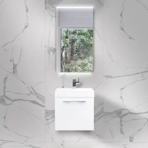 Billig Badmöbel Set 50 cm Gäste WC, Unterschrank mit Waschtisch und LED Spiegel, Made in Germany