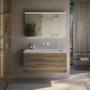 Kostenloser Versand Badmöbelset Cubo 120 cm Einzelwaschtisch mit Unterschrank Grifflos / Push to Open und Multilight-LED-Spiegelschrank