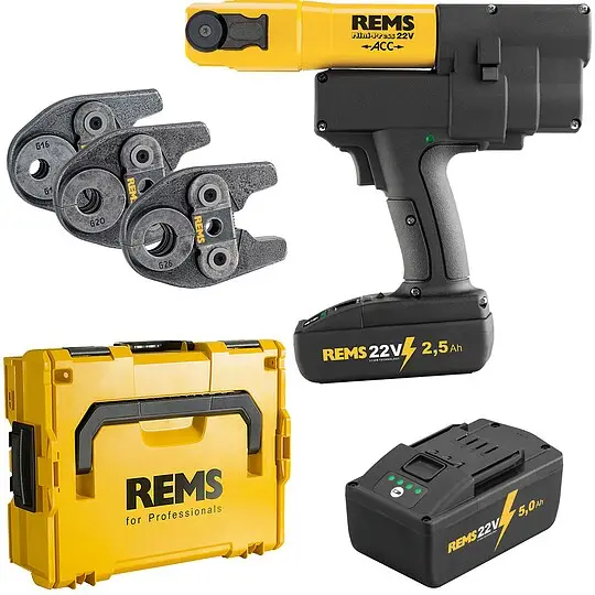 Radial-Pressmaschine Mini-Press 22 V ACC + Kunststoff-Systemkoffer + 3 Stk. Presszangen Mini G 16, 20, 26 + 2. Akku 22 V Zertifiziert