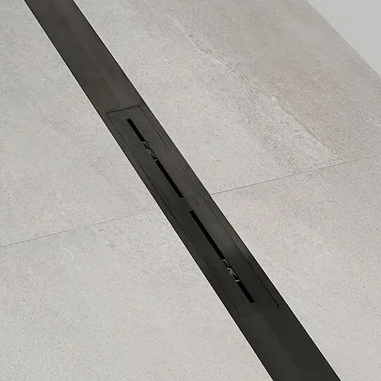 Combia Duschrinne flach, drehbarer Doppel-Mittenablauf, Duschprofil Edelstahl schwarz chrom gebürstet, Flach-Siphon, Länge 1200 mm (kürzbar) Zertifiziert