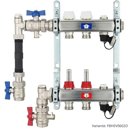 Fußbodenheizungsverteiler aus Edelstahl mit Topmeter für 2 Heizkreise - mit WMZ-Anschlussset 110 mm senkrecht Jetzt Bestellen