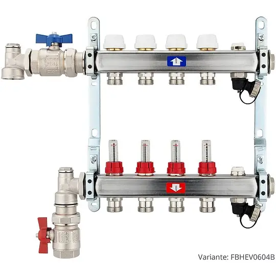 Neue Kollektion Fußbodenheizungsverteiler aus Edelstahl mit Topmeter für 4 Heizkreise - mit Anschlussset senkrecht