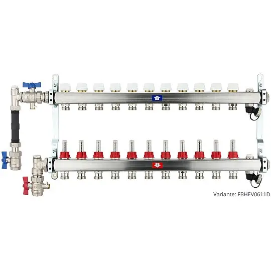 Fußbodenheizungsverteiler aus Edelstahl mit Topmeter für 11 Heizkreise - mit WMZ-Anschlussset 110 mm senkrecht Nur Heute