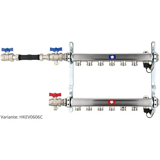 Heizkörperverteiler aus Edelstahl für 6 Heizkreise - mit WMZ-Anschlussset 110 mm waagrecht Must-Have