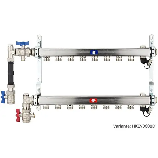Heizkörperverteiler aus Edelstahl für 8 Heizkreise - mit WMZ-Anschlussset 110 mm senkrecht Begrenztes Angebot