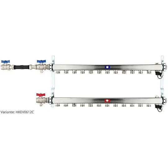 Heizkörperverteiler aus Edelstahl für 12 Heizkreise - mit WMZ-Anschlussset 110 mm waagrecht Saisonangebot