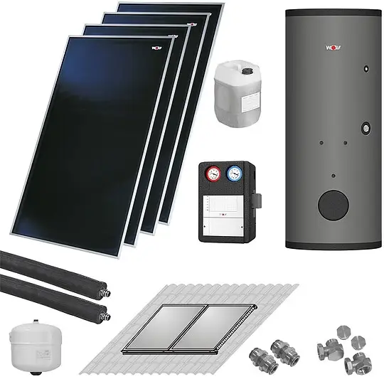 Ausverkauf WOLF Solaranlage mit 4 Stk. CFK-1 Kollektoren, SM2-2 Regelung und Solarspeicher SEM-1-500 - 2486524W12