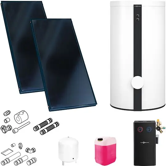 Neu Im Sortiment Viessmann Solaranlage mit 2 Stk. Vitosol 200-FM SV2F, Regelung und Solarspeicher Vitocell 100-W CVB 400l weiß - SK05727