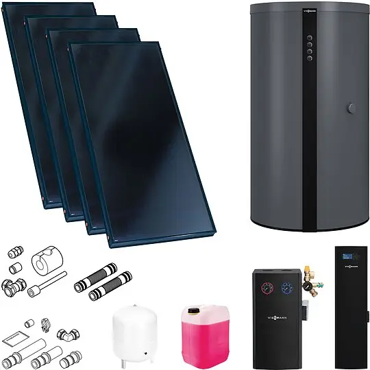 Viessmann Solaranlage mit 4 Stk. Vitosol 200-FM SV2F, Regelung, Pufferspeicher Vitocell 160-E 750l graphite und Frischwassermodul - SK07344 Must-Have