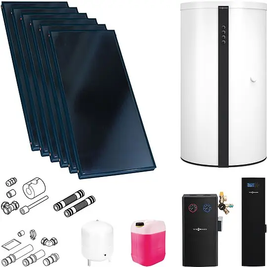Mega-Angebot Viessmann Solaranlage mit 6 Stk. Vitosol 200-FM SV2F, Regelung, Pufferspeicher Vitocell 160-E 950l weiß und Frischwassermodul - SK05802
