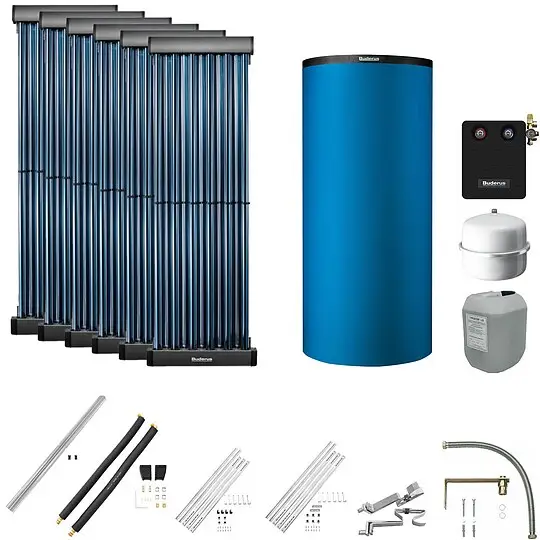 Angebot Buderus Solaranlage Logaplus S116 - 6 Kollektoren (7,32m²) SKR10 CPC mit Kombispeicher Logalux P750 S blau - 7739612897