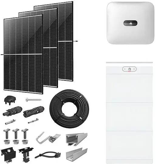 Sichere Zahlung PV-Komplettanlage 5 kWp mit Huawei Wechselrichter 5 kW + Stromspeicher 15,0 kWh, 12 Solarmodulen Glas-Glas black frame & Montagesystem Aufdach