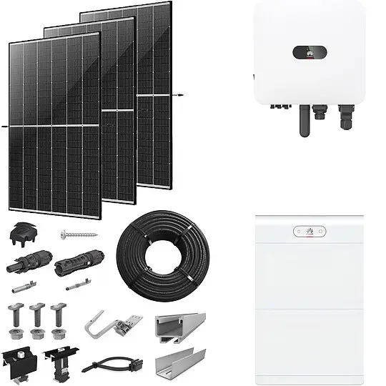Nur Für Kurze Zeit PV-Komplettanlage 5 kWp mit Huawei Wechselrichter 5 kW + Stromspeicher 14,0 kWh, 12 Solarmodulen Glas-Glas black frame & Montagesystem Aufdach