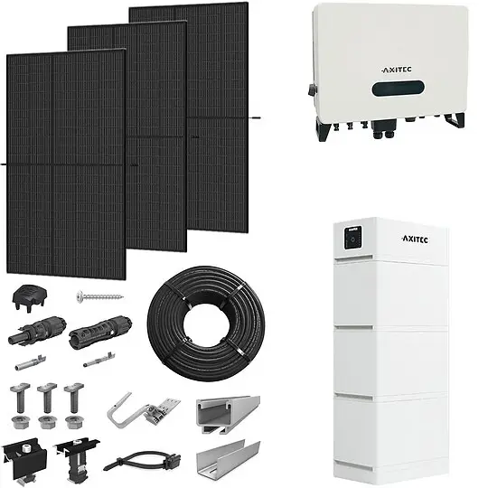 PV-Komplettanlage 5 kWp mit AXITEC Wechselrichter 5 kW + Stromspeicher 10,1 kWh, 12 Solarmodulen Glas-Glas full black & Montagesystem Aufdach Neue Kollektion