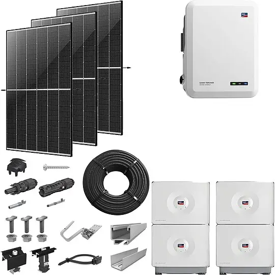 Super-Preis PV-Komplettanlage 5 kWp mit SMA Wechselrichter 5 kW + Stromspeicher 13,12 kWh, 12 Solarmodulen black frame & Montagesystem Aufdach