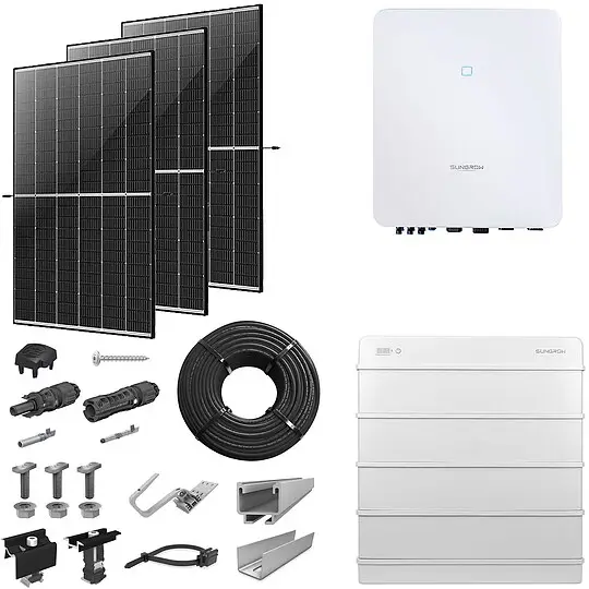 PV-Komplettanlage 5 kWp mit Sungrow Wechselrichter 5 kW + Stromspeicher 12,8 kWh, 12 Solarmodulen Glas-Glas black frame & Montagesystem Aufdach Nur Für Kurze Zeit