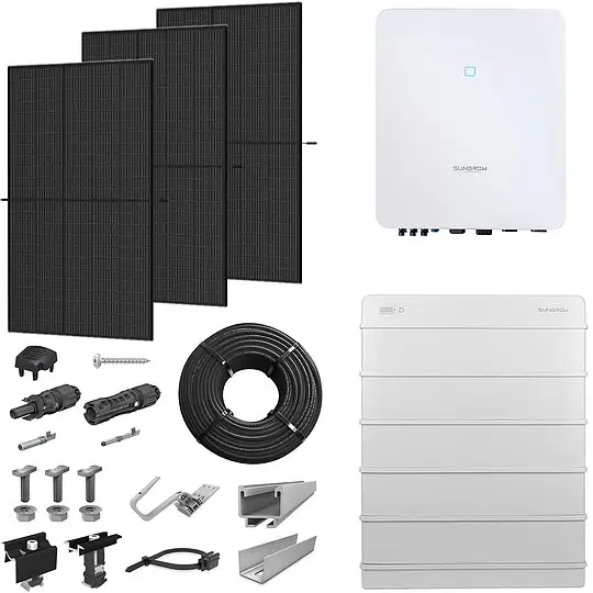 Billig PV-Komplettanlage 5 kWp mit Sungrow Wechselrichter 5 kW + Stromspeicher 16,0 kWh, 12 Solarmodulen Glas-Glas full black & Montagesystem Aufdach