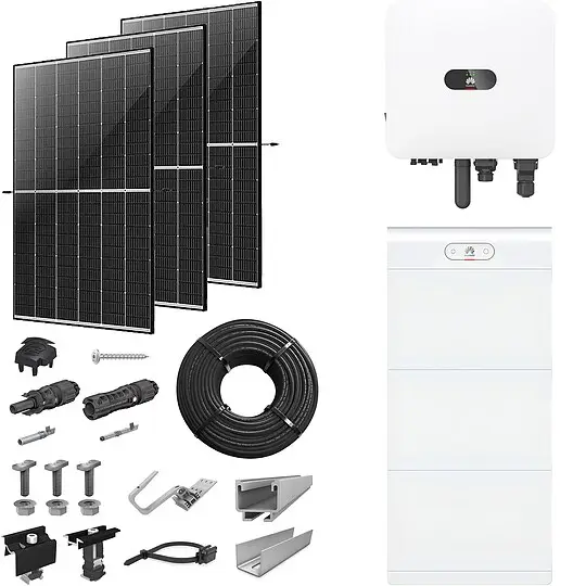 Zertifiziert PV-Komplettanlage 8 kWp mit Huawei Wechselrichter 8 kW + Stromspeicher 21,0 kWh, 20 Solarmodulen Glas-Glas black frame & Montagesystem Aufdach