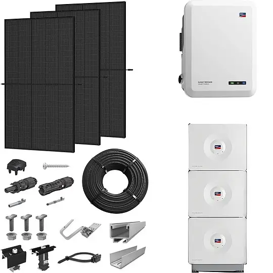 Jetzt Bestellen PV-Komplettanlage 8 kWp mit SMA Wechselrichter 8 kW + Stromspeicher 9,84 kWh, 20 Solarmodulen full black & Montagesystem Aufdach