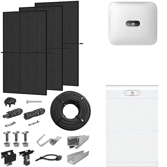 PV-Komplettanlage 10 kWp mit Huawei Wechselrichter 10 kW + Stromspeicher 10,0 kWh, 24 Solarmodulen Glas-Glas full black & Montagesystem Aufdach Direktkauf