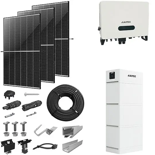 Neuheit PV-Komplettanlage 10 kWp mit AXITEC Wechselrichter 10 kW + Stromspeicher 10,1 kWh, 24 Solarmodulen Glas-Glas black frame & Montagesystem Aufdach
