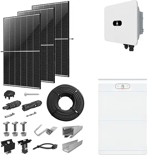 Angebot PV-Komplettanlage 12 kWp mit Huawei Wechselrichter 15 kW + Stromspeicher 10,0 kWh, 30 Solarmodulen Glas-Glas black frame & Montagesystem Aufdach