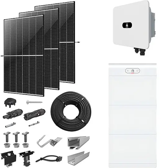PV-Komplettanlage 15 kWp mit Huawei Wechselrichter 15 kW + Stromspeicher 15,0 kWh, 36 Solarmodulen Glas-Glas black frame & Montagesystem Aufdach Ausverkauf