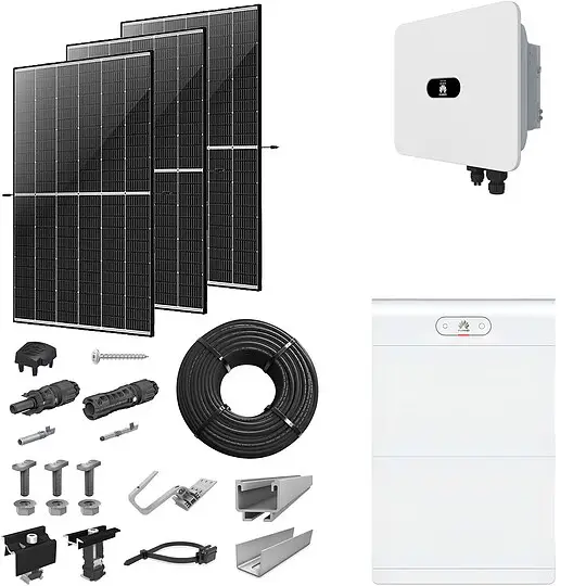 PV-Komplettanlage 15 kWp mit Huawei Wechselrichter 15 kW + Stromspeicher 14,0 kWh, 36 Solarmodulen Glas-Glas black frame & Montagesystem Aufdach Mega-Angebot