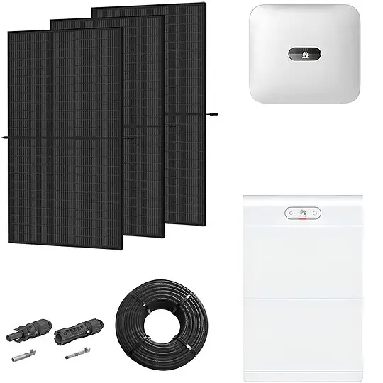 Super-Preis Photovoltaik-Paket 5 kWp mit Huawei Wechselrichter 5 kW + Stromspeicher 10,0 kWh, 12 Solarmodulen Glas-Glas full black