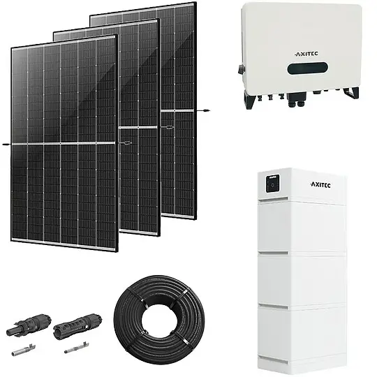 Photovoltaik-Paket 5 kWp mit AXITEC Wechselrichter 5 kW + Stromspeicher 10,1 kWh, 12 Solarmodulen Glas-Glas black frame Letzte Chance