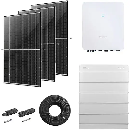 Angebot Photovoltaik-Paket 5 kWp mit Sungrow Wechselrichter 5 kW + Stromspeicher 16,0 kWh, 12 Solarmodulen Glas-Glas black frame