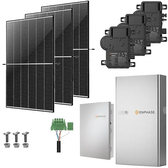 Günstig Photovoltaik-Paket 5 kWp mit Enphase Mikrowechselrichtern + Stromspeicher 10,0 kWh, 12 Solarmodulen Glas-Glas black frame