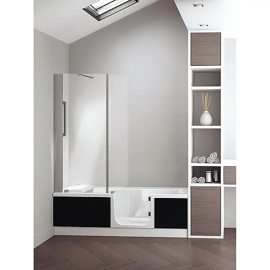 Highlight Badewanne Kinedo Duo-Eck mit Duschbereich links, Glasverkleidung, schwarz, 1700 x 590 x 750 mm - D4-1775-ER-GS-DK