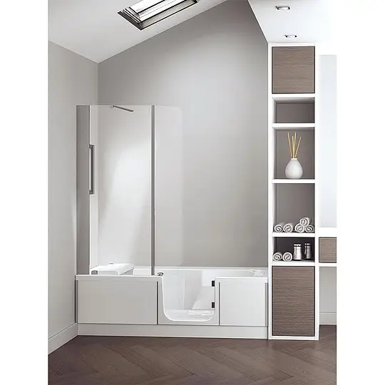 Badewanne Kinedo Duo-Eck mit Duschbereich links, Glasverkleidung, weiß, 1800 x 590 x 800 mm - D4-1880-ER-GW-DK Ausverkauf