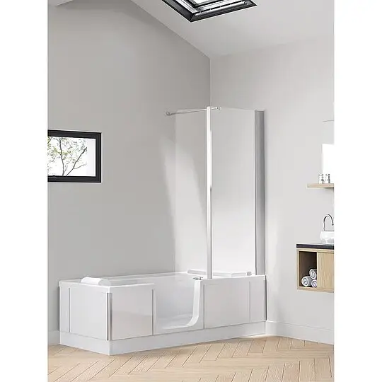 Badewanne Kinedo Duo-Eck mit Duschbereich rechts, Glasverkleidung, weiß, 1600 x 590 x 750 mm - D4-1675-EL-GW-DK Geprüft