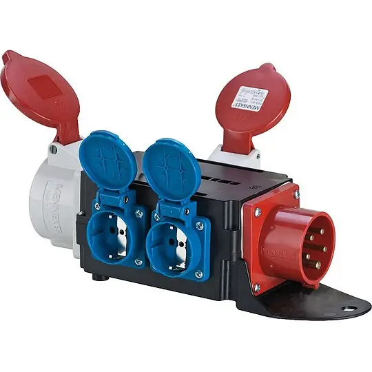 CEE-Adapter/Verteiler Eing. CEE-Stecker 16A + 2x CEE Stedkdose + 2 Schuko-Steckdose Highlight