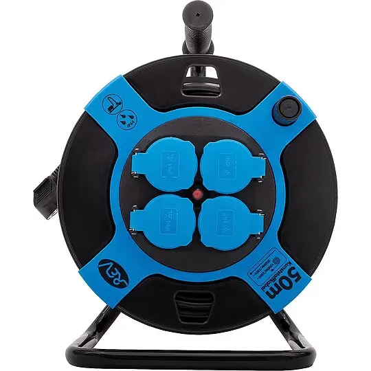 Kabeltrommel Kunststoff, H05VV-F3G, schwarz-blau IP44 - 50 m Zertifiziert