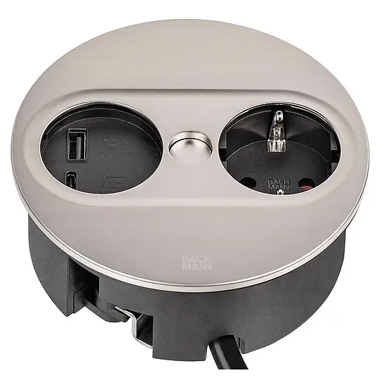 Bachmann TWIST 2 Tischsteckdose 1x Schuko, 1x USB-A/-C Charger, Edelstahl, rund - 2 m Garantierte Lieferung