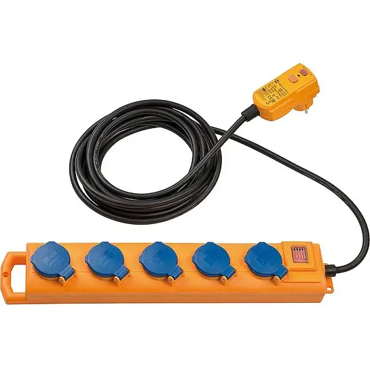 Super-Preis 5-fach Steckdose mit FI-Stecker 30 mA IP54, H07RN-F 3G1.5, m. Klappdeckel - 5m