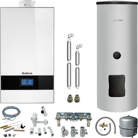 Buderus GB182i.2 Logaplus Gas-Brennwert Paket W46S weiß mit Regelung BC400 und Solar-Warmwasserspeicher SM310 - 15 kW - 7739621386 Markenprodukt