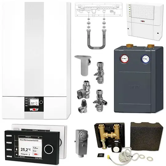 Finale Aktion WOLF CGB-2 14 kW Gasbrennwert-Heizungspaket mit Bedienmodul BM-2 in schwarz und Verrohrungsgruppe Mischkreis
