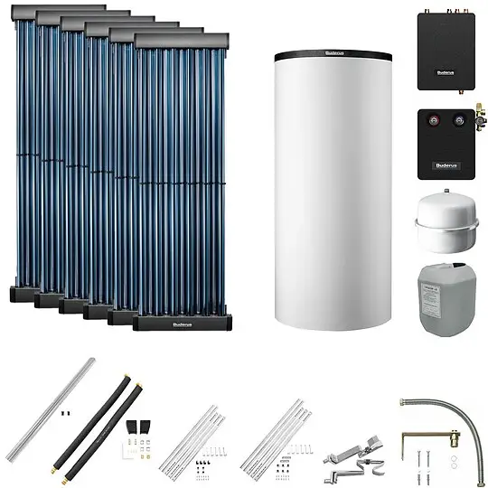 Buderus Solaranlage Logaplus S83 - 6 Kollektoren (7,32m²) SKR10 CPC mit Pufferspeicher PNR750 weiß und Frischwasserstation - 7739610772 Neu