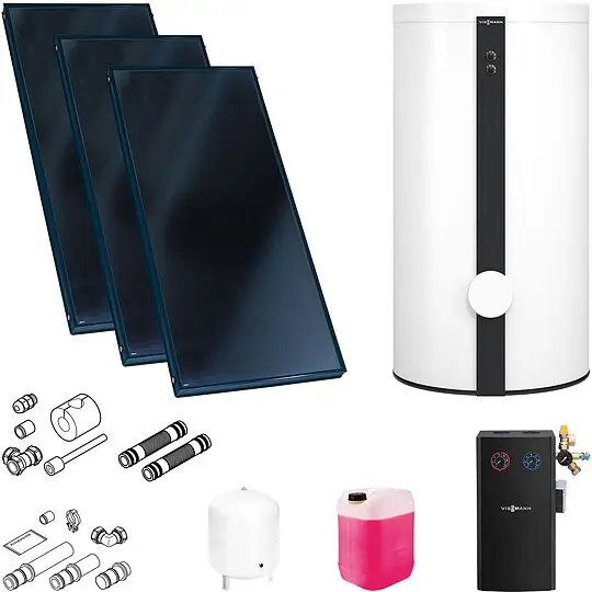 Preis Gesenkt Viessmann Solaranlage mit 3 Stk. Vitosol 200-FM SV2F, Regelung und Solarspeicher Vitocell 100-W CVB 400l weiß - SK05729