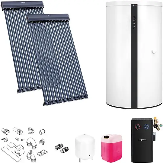 Neu Im Sortiment Viessmann Solaranlage mit 2 Stk. Vitosol 300-TM SP3C, Regelung und Pufferspeicher Vitocell 340-M 750l weiß - SK06764