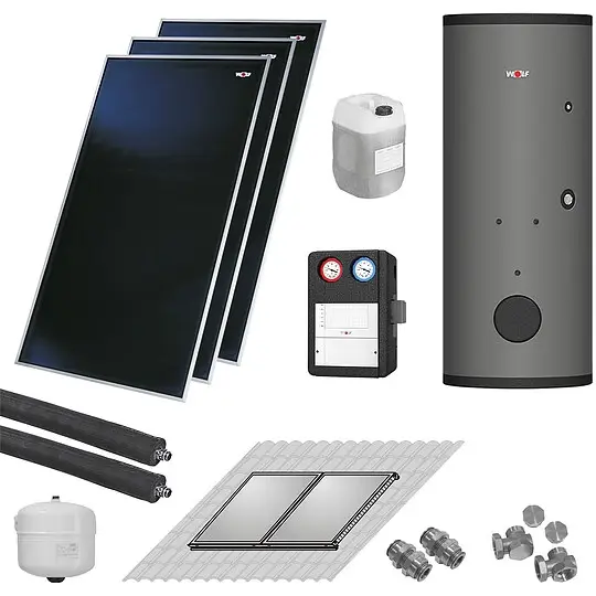 WOLF Solaranlage mit 3 Stk. CFK-1 Kollektoren, SM1-2 Regelung und Solarspeicher SEM-2-400 - 2486524W06 Must-Have
